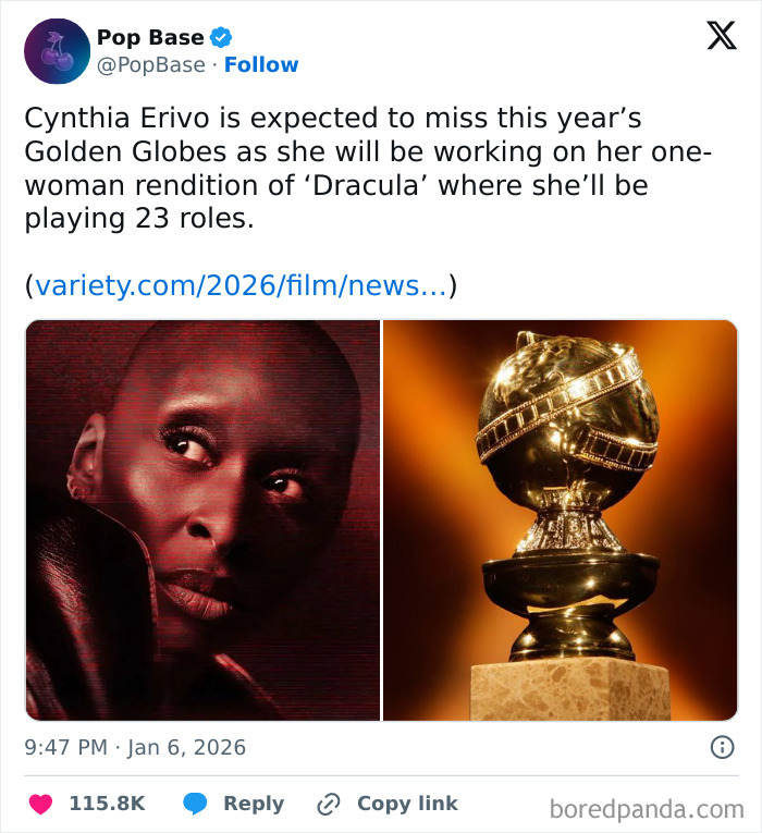 Cynthia Erivo's Golden Globes absence highlighted alongside a close-up of a Golden Globe trophy in warm lighting.