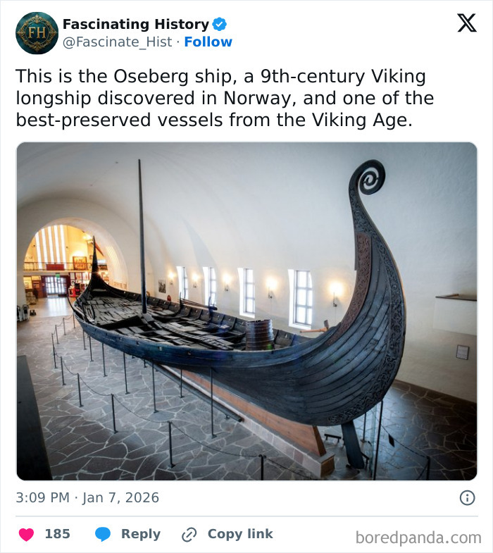 Well-preserved 9th-century Viking Oseberg ship displayed indoors, showcasing historical treasures revealing advanced past craftsmanship.