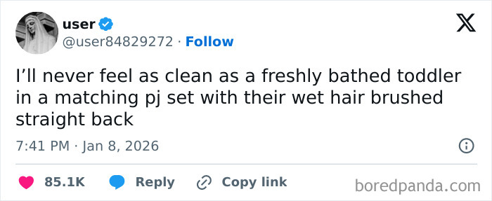 Tweet text about never feeling as clean as a toddler in matching pajamas, reflecting funny and relatable memes.