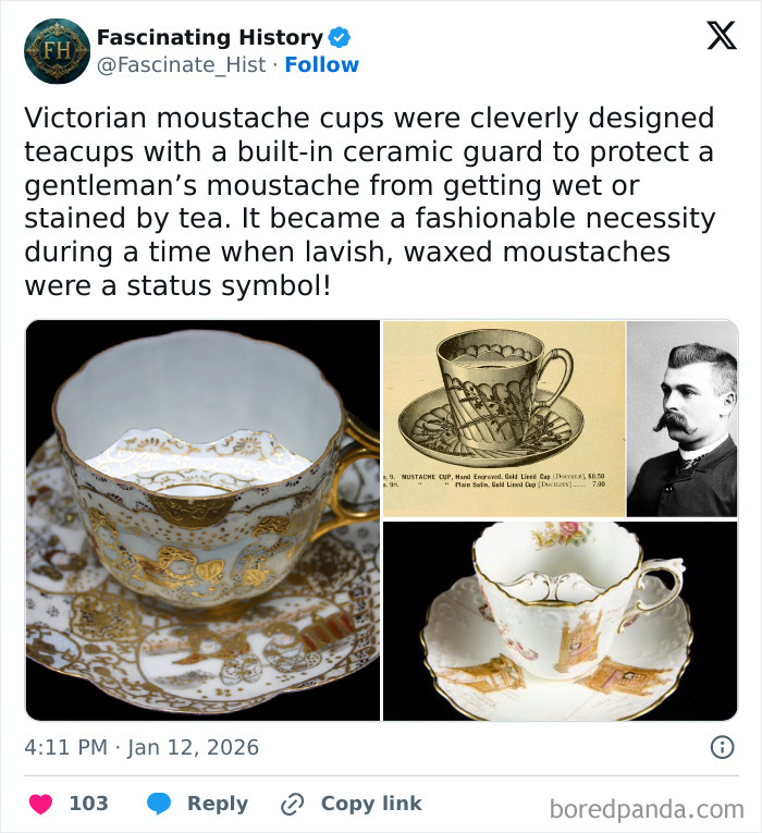 Victorian moustache cups with ceramic guards designed to protect moustaches, showcasing advanced historical treasures.