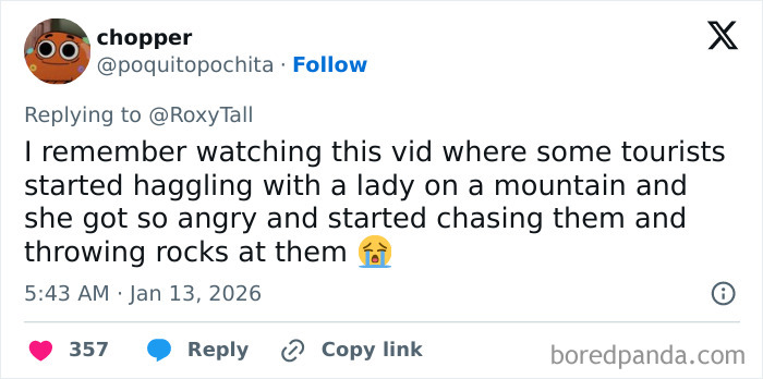 Tweet about tourists haggling with a local, leading to anger and being chased, illustrating rude and entitled tourist behavior.