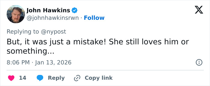Tweet from John Hawkins reacting to unexpected marriage update for teacher who went viral for smiling in mugshot after student scandal.
