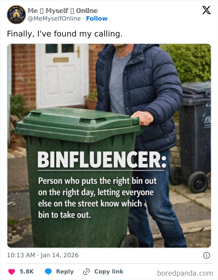 Man in a puffer jacket pushing a green bin, showcasing a humorous UK living experience with binfluencer concept.