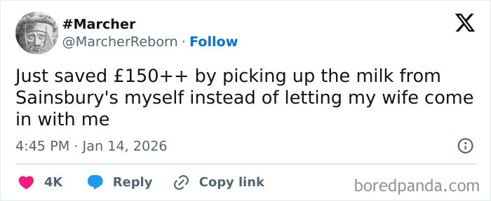 Tweet humorously highlighting living in the UK, saving money by picking up milk without letting wife come inside.