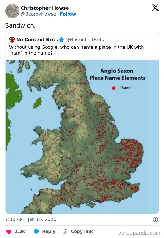 Map of UK places with "ham" in their names marked in red dots, illustrating unique living in the UK experience through tweets.