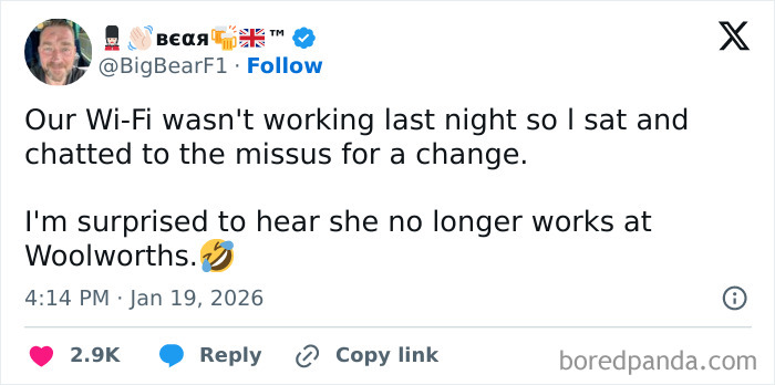 Tweet joking about Wi-Fi issues leading to unique UK living experiences and chatting with a spouse instead of browsing online.