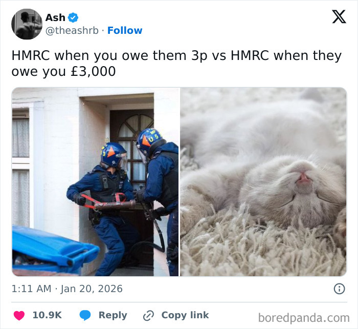 Tweet humor comparing aggressive HMRC enforcement to relaxed HMRC repayment, illustrating unique UK living experiences with police and sleeping cat.