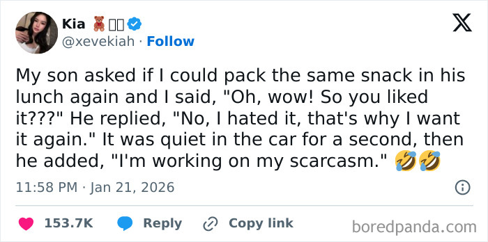 Screenshot of a humorous parent-kid conversation tweet showcasing funny family humor and witty kid remarks.