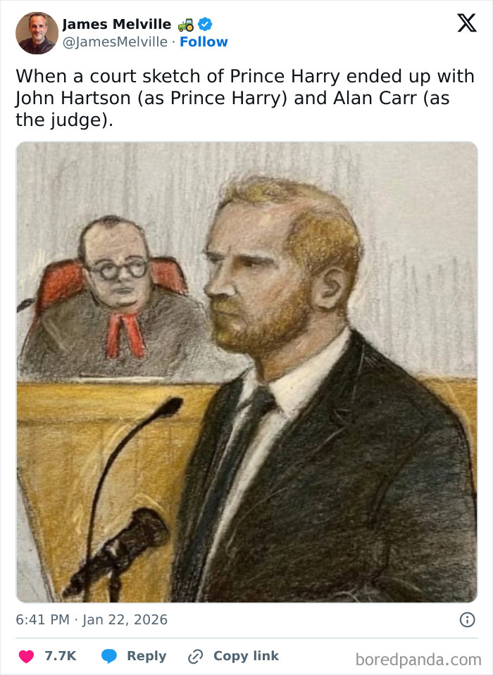 Court sketch humor with unexpected faces illustrates 65 hilarious tweets showing living in the UK is a unique experience.