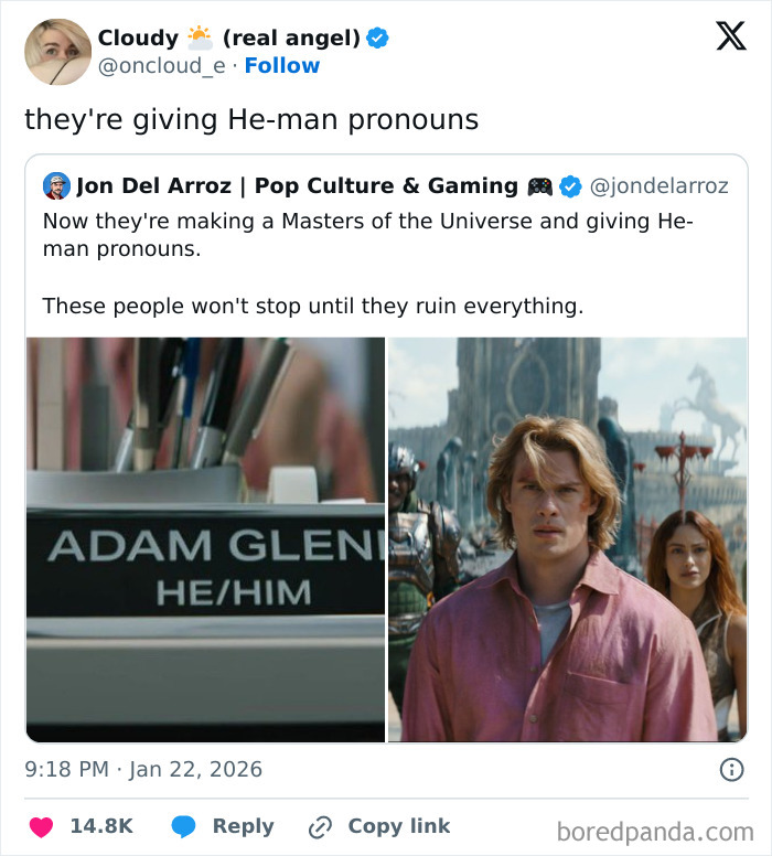 Screenshot of a Twitter meme featuring a name tag with pronouns and a scene from a movie, popular movie and film industry memes.