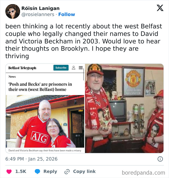 Couple from west Belfast wearing Manchester United scarves, highlighting unique living experiences in the UK through a humorous tweet.