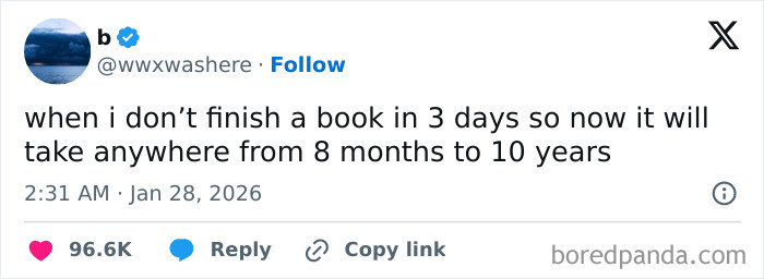 Tweet about procrastinating on finishing a book, humorous meme related to existential crisis and time perception.