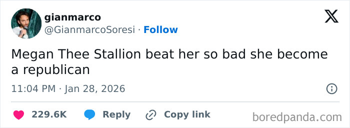 Social media post humor about politics, mentioning Megan Thee Stallion and a political change reference.