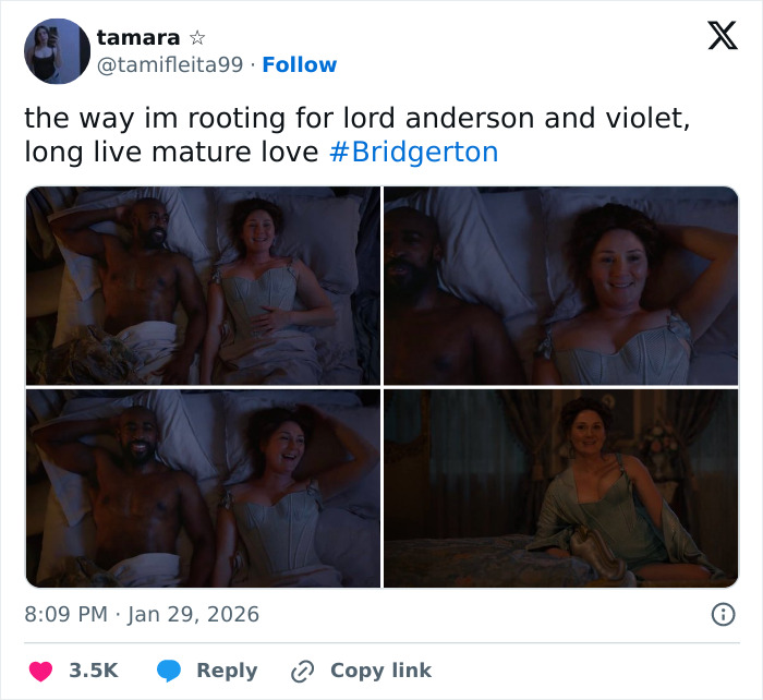 Four scenes from Bridgerton showing Ruth Gemmell in an intimate sequence with a co-star, highlighting emotional moments.