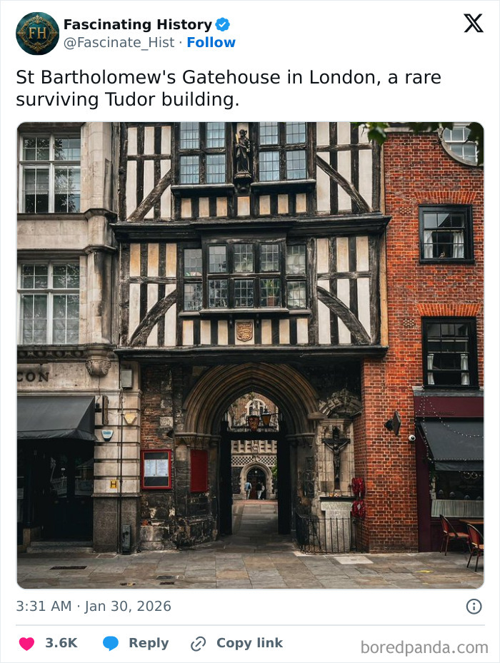Tudor building of St Bartholomew's Gatehouse in London showcasing interesting historical treasures from the past.