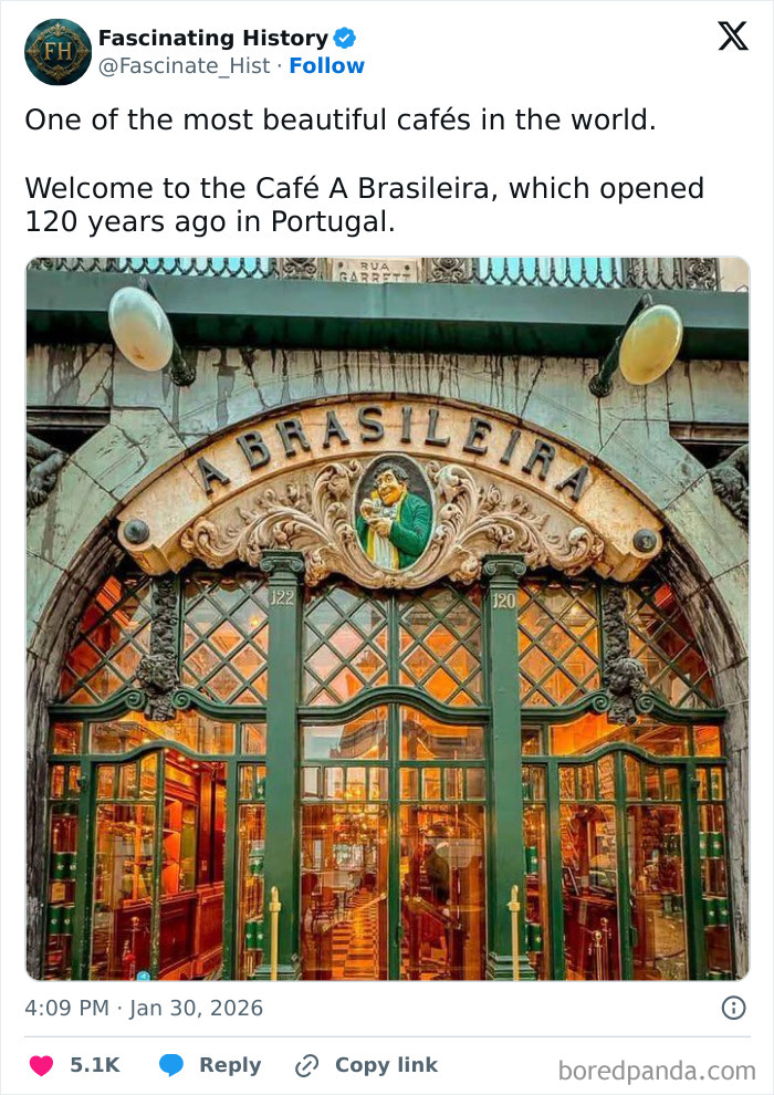 Ornate entrance of Café A Brasileira in Portugal, an interesting historical treasure showcasing advanced past architecture.
