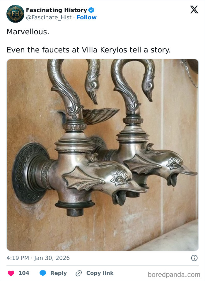 Ornate historical faucets shaped like mythical creatures at Villa Kerylos showcasing advanced ancient craftsmanship and design.
