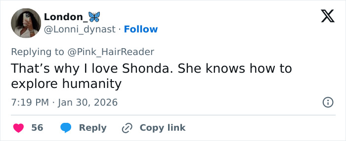 Screenshot of a Twitter reply praising Shonda for exploring humanity, related to Bridgerton&rsquo;s Ruth Gemmell emotional scene.