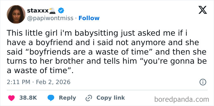 Tweet showing a babysitter sharing a funny accidental roast by a kid with no filter about boyfriends being a waste of time.