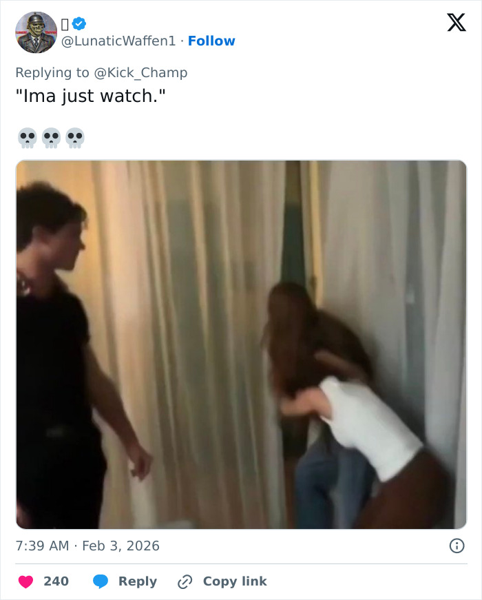 Two people in a physical altercation indoors with a bystander watching, related to looksmaxxing influencer battery charges in Florida.