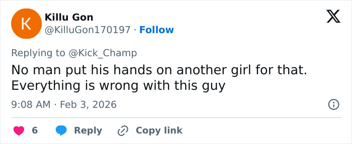 Tweet by user Killu Gon criticizing a man for alleged battery, related to controversial looksmaxxing influencer arrest.