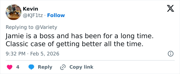 Tweet from Kevin praising Jamie Lee Curtis, posted in reply to Variety, discussing her impact on diversity.