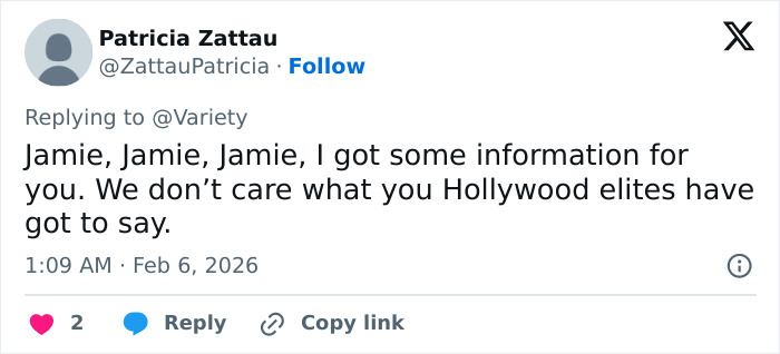 Tweet response to Jamie Lee Curtis mentioning Hollywood elites, highlighting White House blunt diversity conflict.