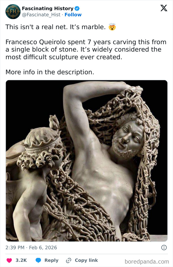 Marble sculpture showing intricate carved net over two figures, demonstrating advanced historical treasures craftsmanship.