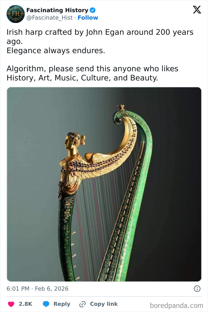 Ornate Irish harp crafted 200 years ago showcasing historical treasures that reveal an advanced past in art and culture.