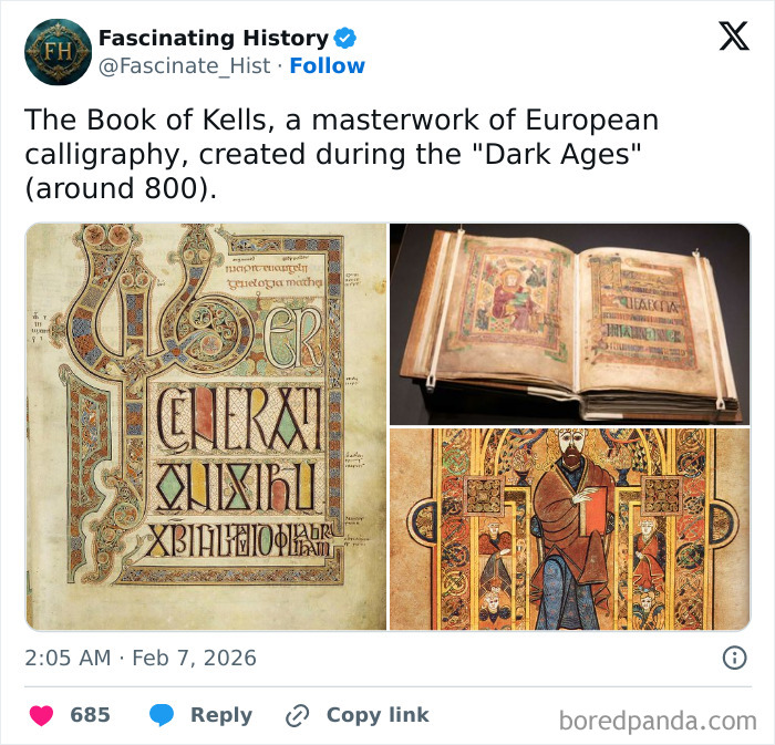 The Book of Kells, an ancient European manuscript showcasing advanced historical treasures and intricate calligraphy from the Dark Ages.
