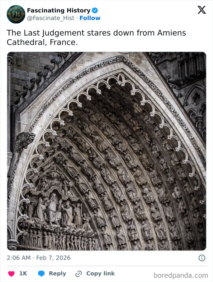 Intricate historical stone carvings of the Last Judgement on Amiens Cathedral showcasing advanced ancient craftsmanship.