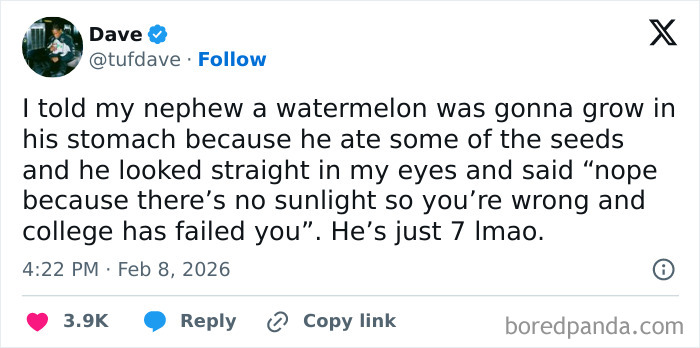 Tweet showing a funny accidental roast by a kid with no filter about college and watermelon seeds.
