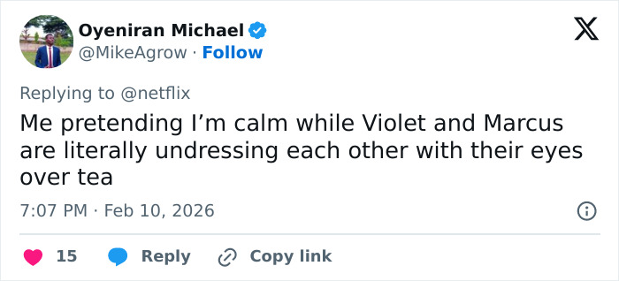 Tweet from Oyeniran Michael reacting to Bridgerton&rsquo;s intimate scene between Violet and Marcus with humor and calmness.