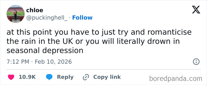 Tweet humorously describing the challenge of romanticizing rain in the UK to cope with seasonal depression while living in the UK.