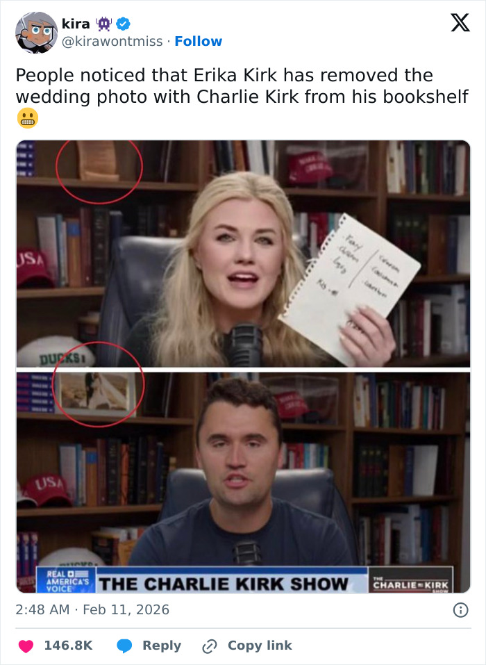 Erika Kirk speaking on camera with Charlie Kirk in a studio, amid mounting criticism and family allegations.