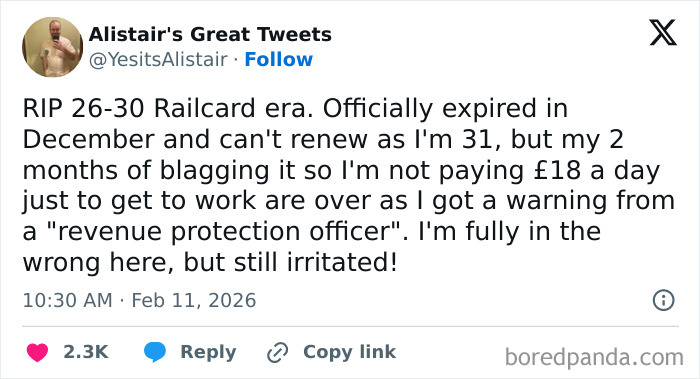 Tweet about the challenges of UK Railcard expiry, highlighting unique experiences of living in the UK.