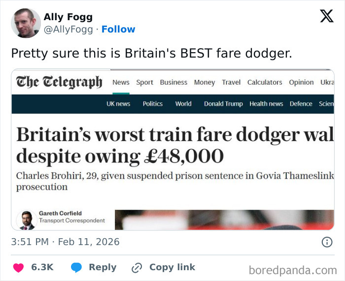 Tweet showing a UK news headline about Britain’s worst train fare dodger owing £48,000, highlighting unique UK living experiences.