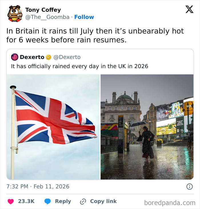 Tweet about UK weather showing a British flag and a rainy street scene, highlighting unique living in the UK experience.