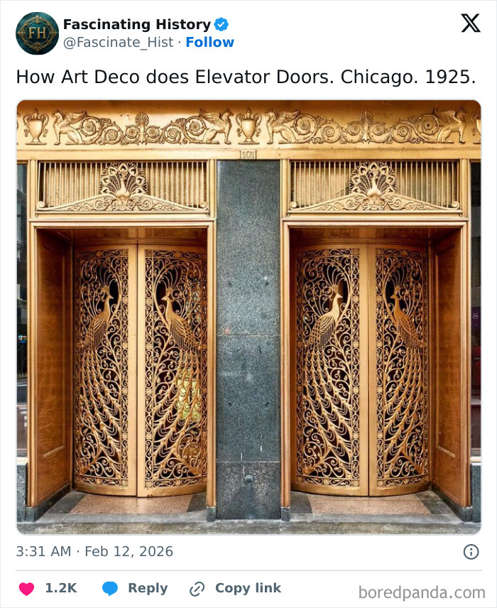 Art Deco elevator doors in Chicago from 1925 with intricate golden peacock designs, showcasing historical treasures and advanced craftsmanship.