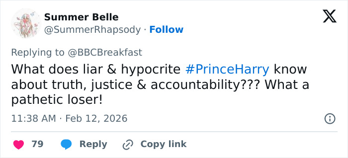 Tweet criticizing Prince Harry, expressing distrust and calling him a liar and hypocrite after an emotional meeting.