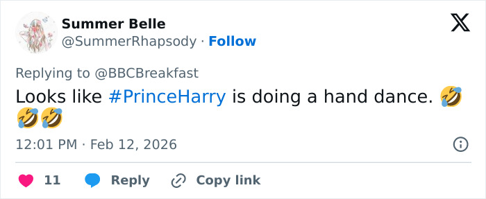 Tweet mentioning Prince Harry's hand movements during an emotional meeting, sparking concern over not normal behavior.