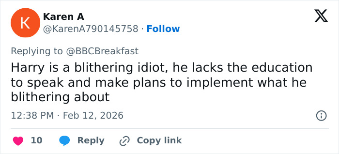 Tweet criticizing Prince Harry's behavior with concern over his hand movements during an emotional meeting.