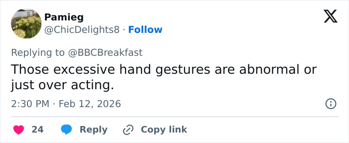 Tweet discussing Prince Harry&rsquo;s hand movements as not normal behavior, questioning if gestures are excessive or overacting.