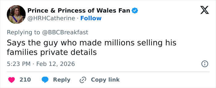 Tweet from a user named Prince & Princess of Wales Fan reacting to a BBC Breakfast post about Prince Harry's hand movements.