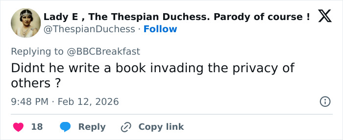 Tweet text questioning if someone wrote a book invading others' privacy, posted on Twitter by user Lady E, The Thespian Duchess.