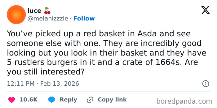 Tweet about spotting a red basket in Asda with unique UK living humor featuring rustlers burgers and 1664s crate.