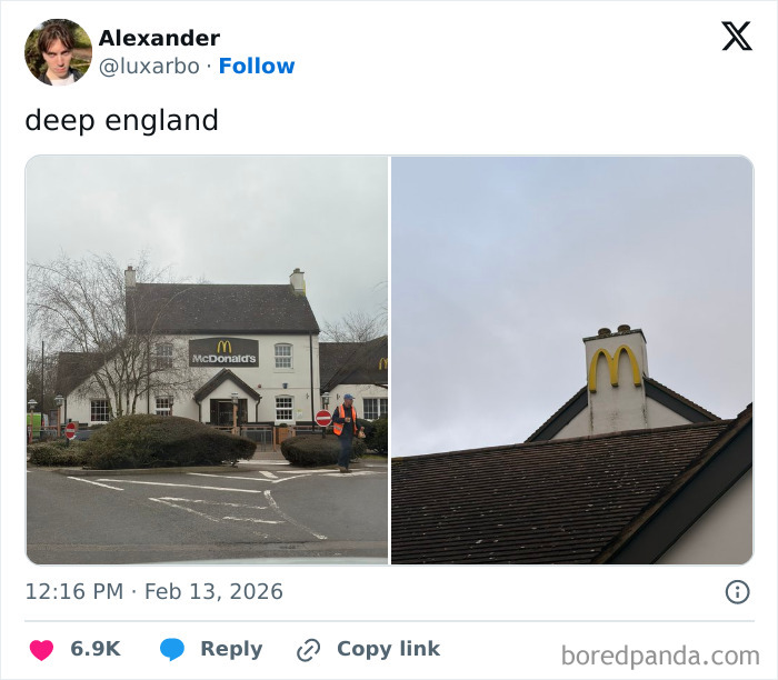 McDonald's restaurant in a traditional British building showing unique living in the UK experience through humor.