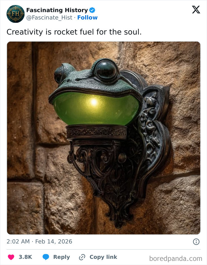 Ornate historical wall light fixture shaped like a frog with green glowing glass, showcasing advanced ancient craftsmanship.