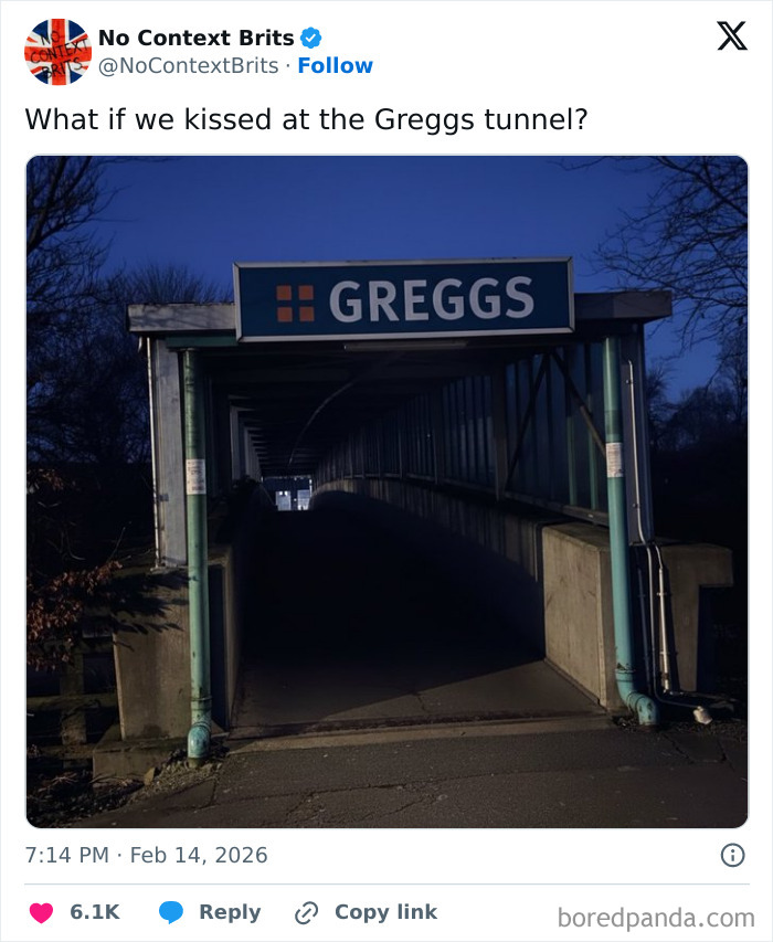 Greggs tunnel entrance at night with humorous tweet highlighting unique UK living experiences.