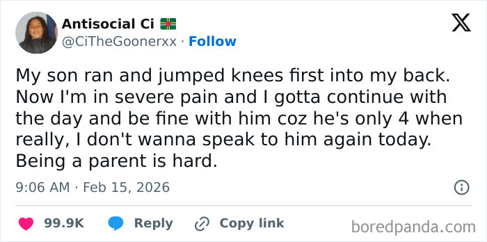 Screenshot of a tweet sharing honest parenting struggles with pain and challenges experienced as a parent.